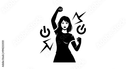 Woman surrounded by power symbols and lightning bolts in a dynamic illustration.