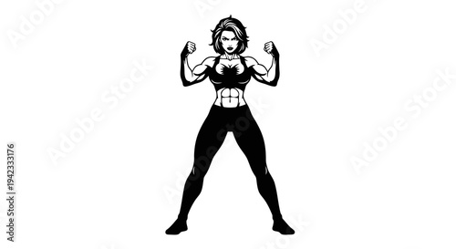 A strong female figure flexing her muscles in a powerful stance.
