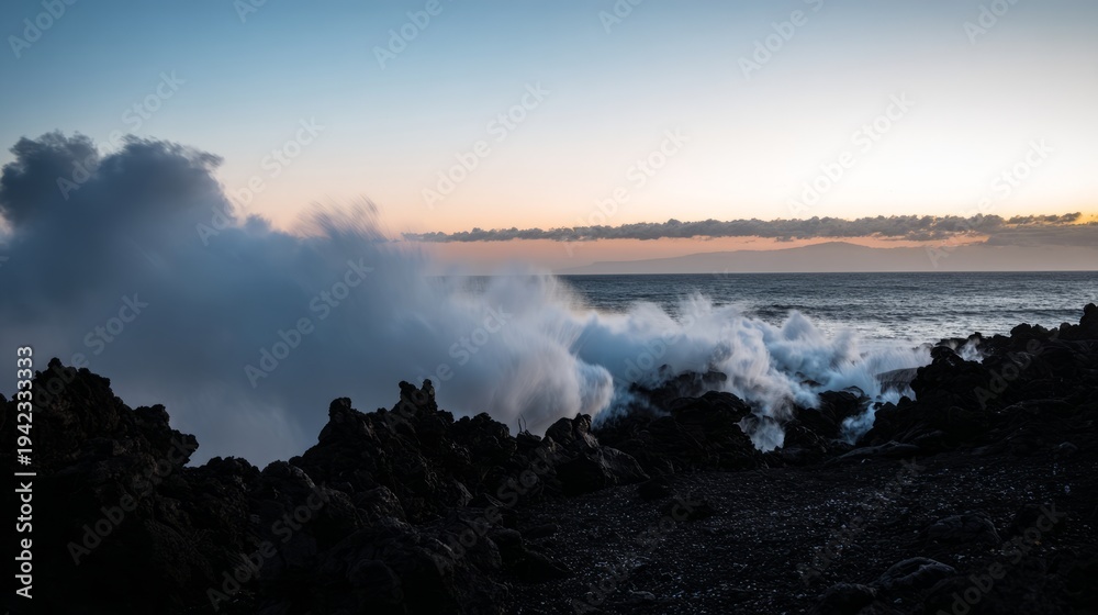 Obraz premium meson. Lava meeting ocean, forming black volcanic rock with rising steam at sunset. inspiring travel planning, travel magazines, designed for travel destination branding, used by nutritionists. 