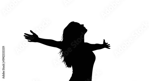 A woman standing with her arms outstretched and head tilted back in a joyful pose.