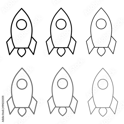 Vector illustration of rocket ship line icons isolated on a white background for space exploration designs. Rocket icon set