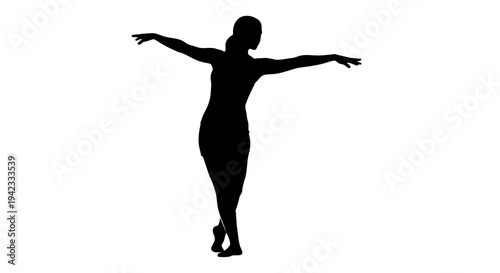 A silhouette of a woman dancing with her arms outstretched on a white background.