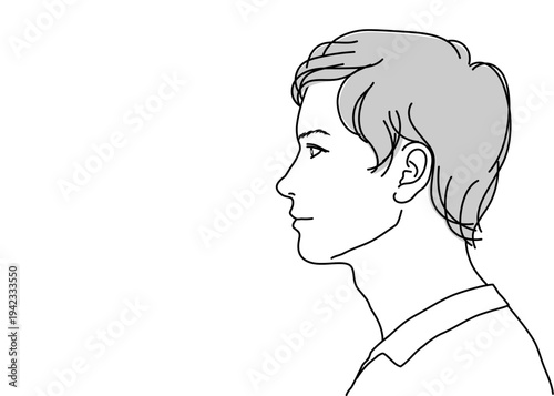 若い日本人男性の横顔のイラスト 上半身顔アップ 横向き モノクロ