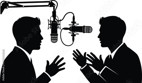 Podcast interview recording with two speakers and studio microphones silhouette illustration radio broadcasting communication media discussion talk show vector concept