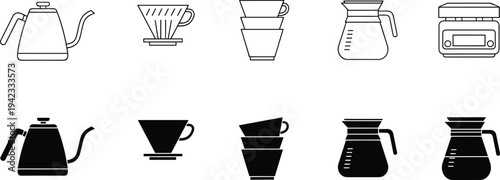 Pour over coffee equipment icon set with kettle dripper server scale and cup silhouettes minimalist barista brewing tools vector collection isolated