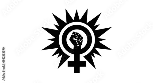 Feminist symbol combining gender and raised fist in a sunburst design.