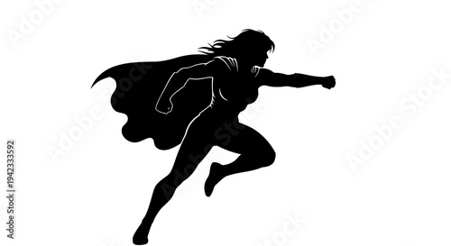 A silhouette of a superhero in mid-air, cape flowing behind.
