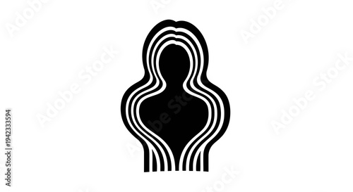 A minimalist black silhouette of a person with flowing hair against a white background.