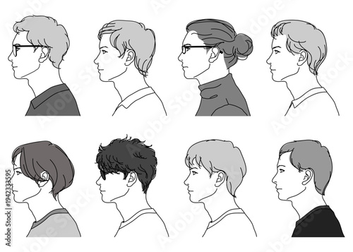 8人の日本人男性の横顔のイラストセット 上半身顔アップ 横向き モノクロ