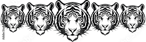 Tiger head mascot logo collection black and white vector set of fierce wild animal faces detailed big cat illustration for sports branding design