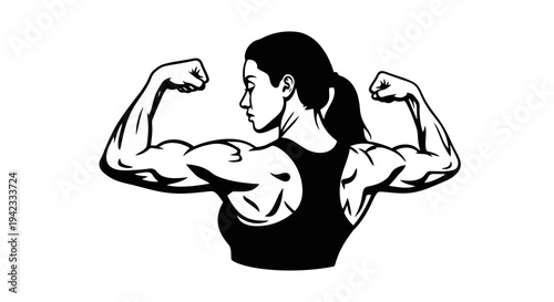 A strong woman showing off her muscles in a black and white illustration.