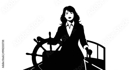 A confident woman standing at the helm of a ship, dressed in formal attire.