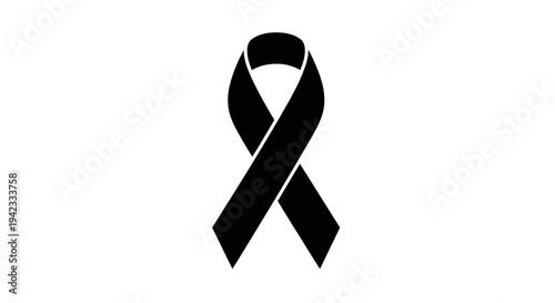A black ribbon symbolizing mourning and remembrance on a white background.