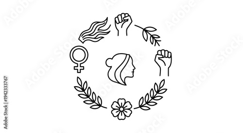 Feminist empowerment symbols in a minimalist wreath design.