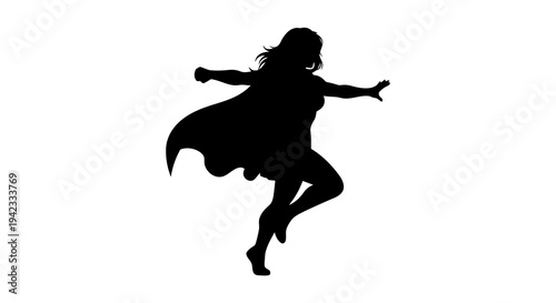 A silhouette of a woman dancing with flowing hair and dress against a white background.