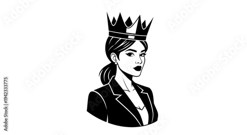 A black and white illustration of a businesswoman wearing a crown and a confident expression.