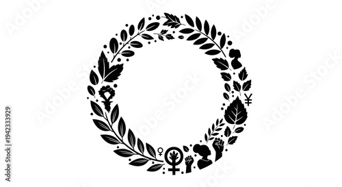 A black circular wreath made of leaves and flowers on a white background.