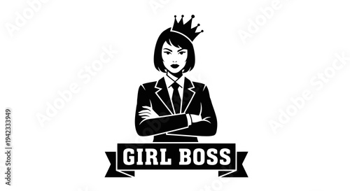 A confident woman in a suit with a crown, labeled as girl boss.