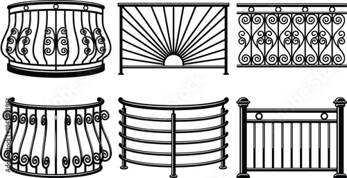 Collection of forged metal balcony railings and decorative steel fences with elegant swirls, sunburst patterns, and modern minimalist architectural designs.