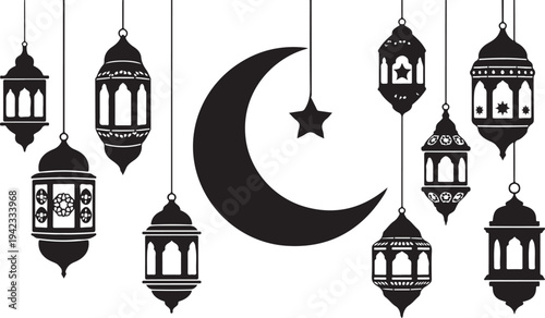 Black and white hanging lanterns with crescent moon design