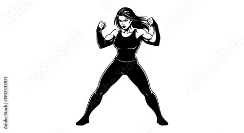 Woman in a fighting stance with fists raised and flowing hair.