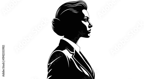 A woman in a business suit is shown in profile against a white background.
