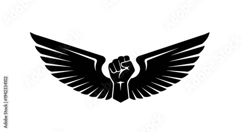 A black logo featuring a fist with wings symbolizing freedom and strength.