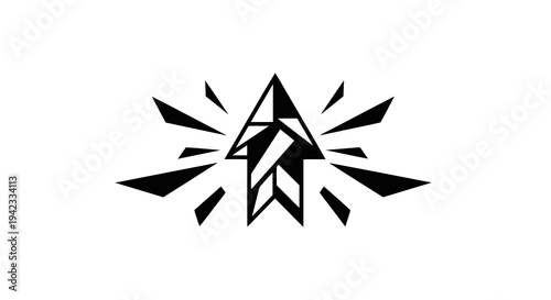 A stylized black logo featuring a geometric shape surrounded by abstract elements on a white background.