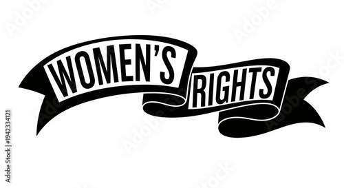 A black and white banner with the words women_s rights prominently displayed.