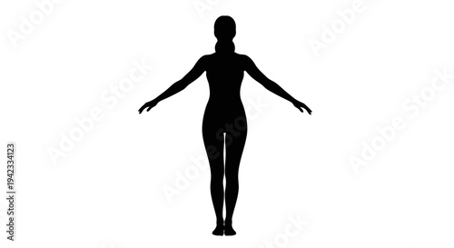 A silhouette of a woman standing with her arms outstretched and legs together.