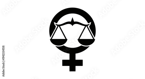 A symbol representing feminism and justice with scales and female sign.