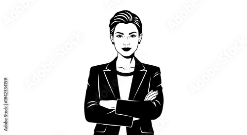 Confident businesswoman standing with arms crossed in illustration.