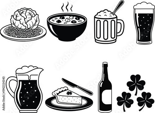 St patrick's day silhouette vector icons set food drinks and symbols