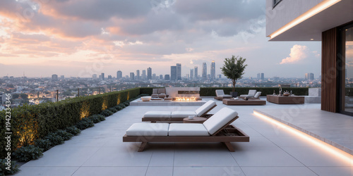 Luxurious Rooftop Lounge with Floating Seats, Soft Lighting, and Cityscape Views - A high-end rooftop lounge with floating lounge seats