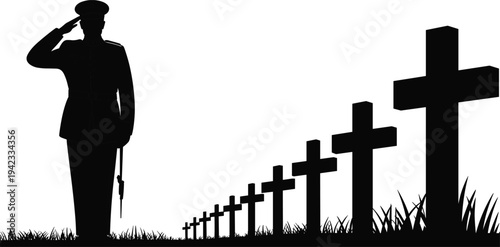 Soldier in uniform saluting at military cemetery with rows of crosses on grass, memorial day and veteran remembrance silhouette, isolated.