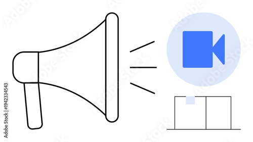 Digital marketing, media broadcasting, internet promotion, online communication, video sharing, public announcement. Megaphone icon with video symbol. Digital marketing and media broadcasting concept
