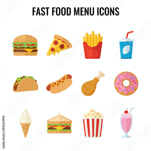 Isometric fast food menu icons isolated on white background for restaurant delivery and takeout applications vector illustration