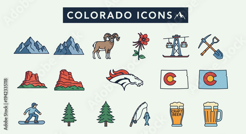 A diverse and engaging collection of illustrated travel and outdoor activity icons representing the natural beauty and unique lifestyle of Colorado