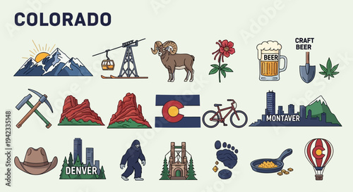 Vibrant collection of illustrated icons representing Colorado's diverse character, featuring majestic mountains, unique wildlife, outdoor adventures, and cultural landmarks