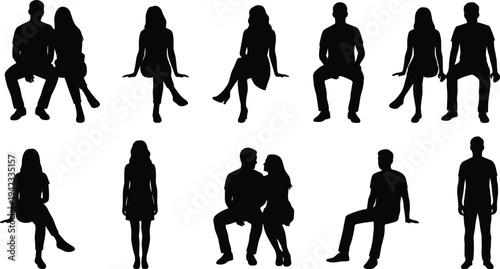 Vector silhouette collection of men and women in various sitting and standing poses, featuring romantic couples and individuals, isolated set.