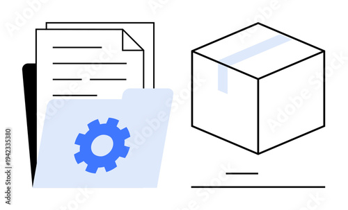 Data organization, logistics solutions, workflow management, shipping processes, digital transformation, document storage. Gear on a folder and a box with tape. Data organization and logistics