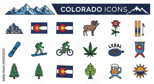 Colorado Icons Set Featuring Mountains, Flags, Outdoor Activities, and Local Symbols