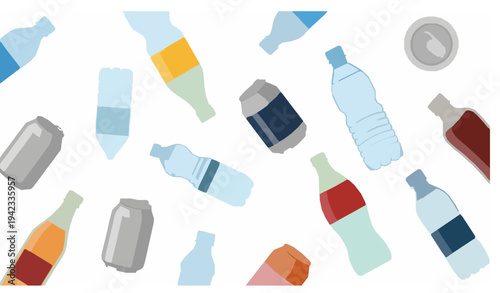 Diverse Beverage Containers Vector with Soda Cans Water Bottles and Glass Drink Bottles Collection