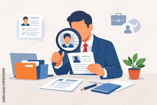 Professional HR recruiter examining candidate resumes with a magnifying glass. Concept of talent acquisition, job interview screening, human resources management, and hiring process flat vector.