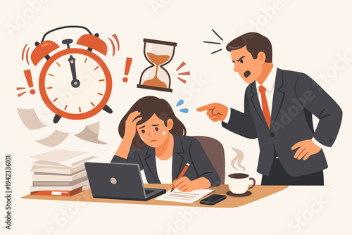 Stressed businesswoman working on laptop under intense pressure from angry boss pointing finger, deadline concept with ringing alarm clock and hourglass, toxic work environment flat vector.