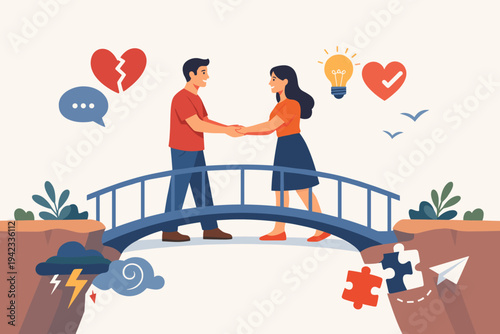 Flat Vector Illustration of a Couple Reconciling and Solving Misunderstandings on a Communication Bridge, Symbolizing Relationship Conflict Resolution, Forgiveness, and Emotional Connection