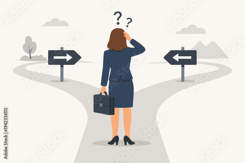 Businesswoman in suit standing at a fork in the road with directional arrows, feeling confused and making a difficult choice or career decision, conceptual flat vector illustration design.