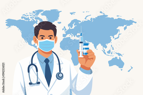 Flat vector illustration of a doctor in a face mask holding a syringe and vaccine bottle against a world map background, symbolizing global vaccination, healthcare, and pandemic prevention efforts.