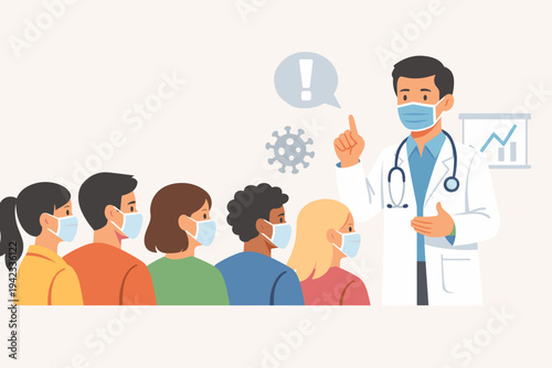 Vector illustration of a professional doctor in a white coat and face mask giving a public health announcement to a diverse group of people wearing masks during the coronavirus pandemic crisis.