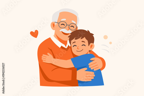 Happy Grandfather Hugging His Grandson, Simple Flat Vector Illustration of an Elderly Man with Glasses and a Young Boy Sharing a Warm Embrace, Concept of Family Love, Bonding, and Generations